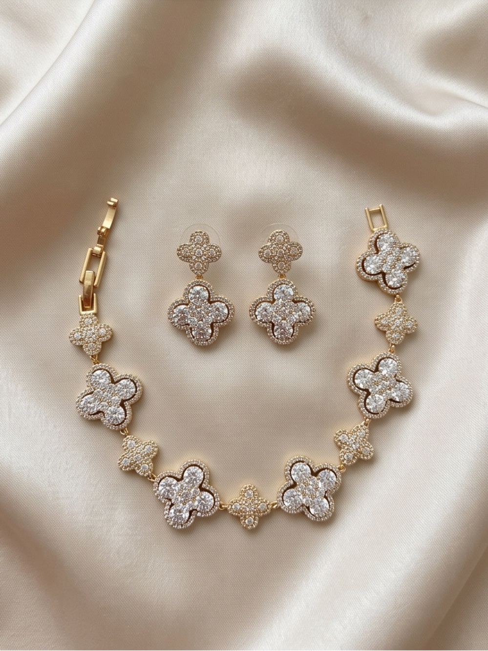 14K Gold Plated Cubic Zirconia Clover Jewelry Set (Bracelet & Earrings)